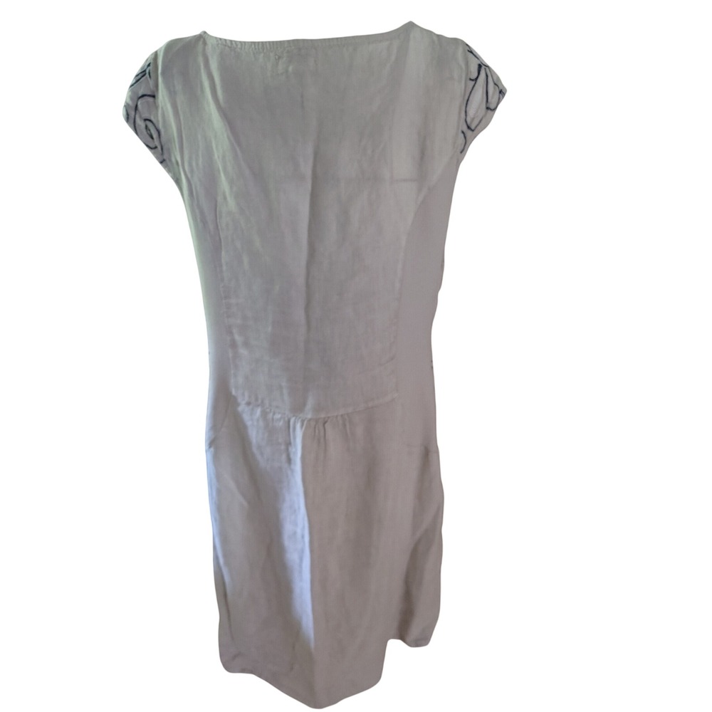 Made in Italy Linen Embroidered Swirl Shift Dress with Pockets Navy Beige L - Picture 3 of 10